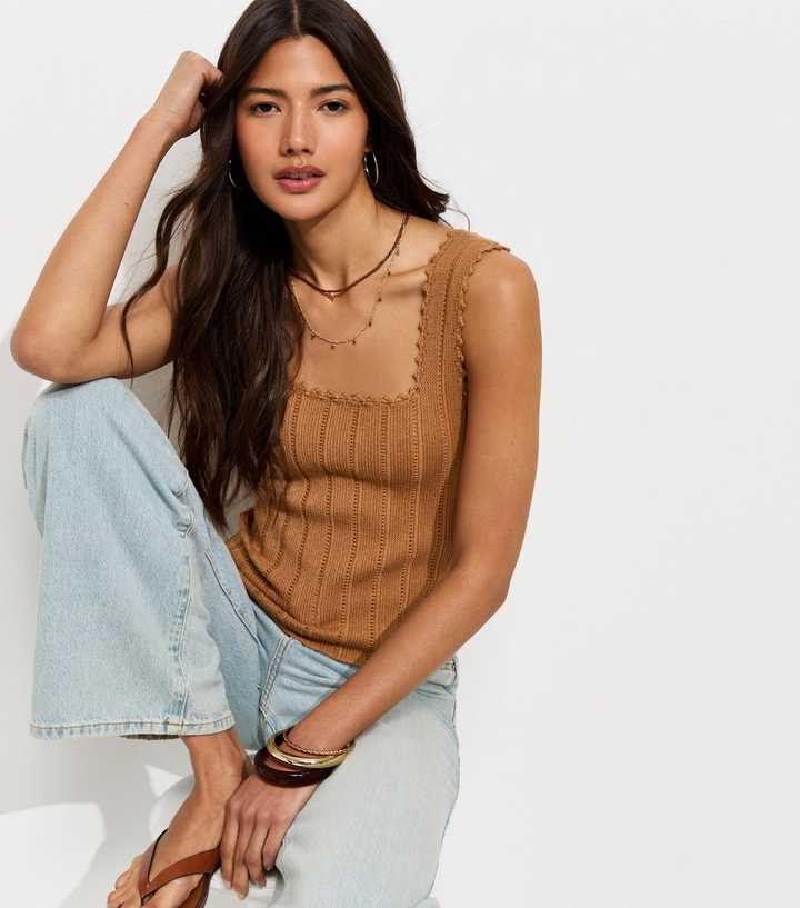 Tan Pointelle Square Neck Vest