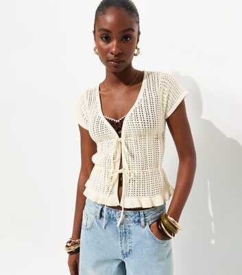White Frilly Trim Tie Front Top