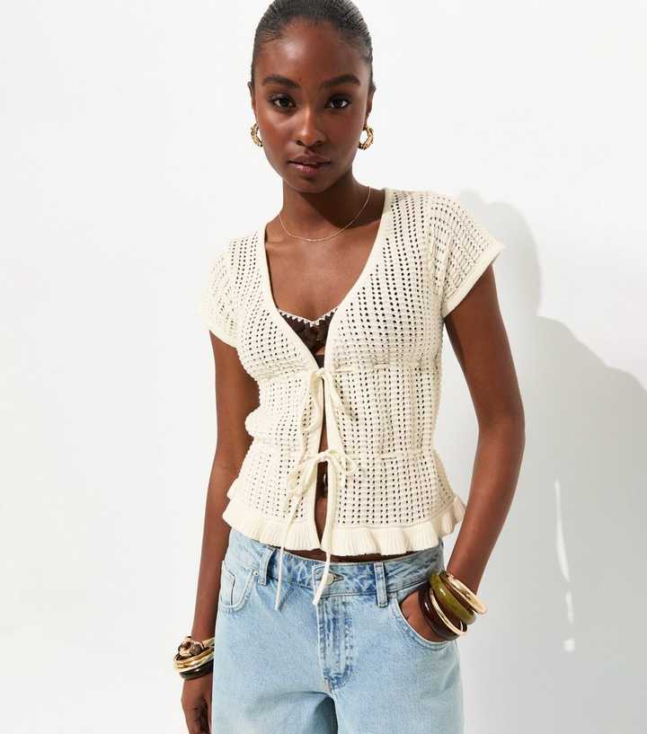 White Crochet Frilly Trim Tie Front Top