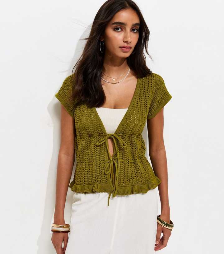 Green Frilly Trim Tie Front Top