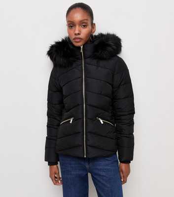 Black Faux Fur Hooded Puffer Jacket