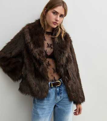 Dark Brown Faux Fur Shawl Collar Jacket