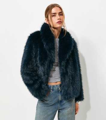 Navy Faux Fur Shawl Collar Jacket