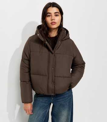 Dark Brown Hooded Crop Puffer Jacket