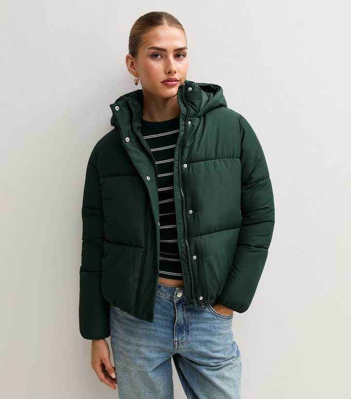 Dark Green Hooded Crop Puffer Jacket