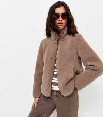 Mink Funnel Neck Borg Textured Buttoned Jacket