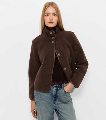 Dark Brown Funnel Neck Borg Textured Buttoned Jacket