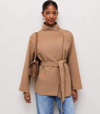 Camel High Neck Belted Jacket