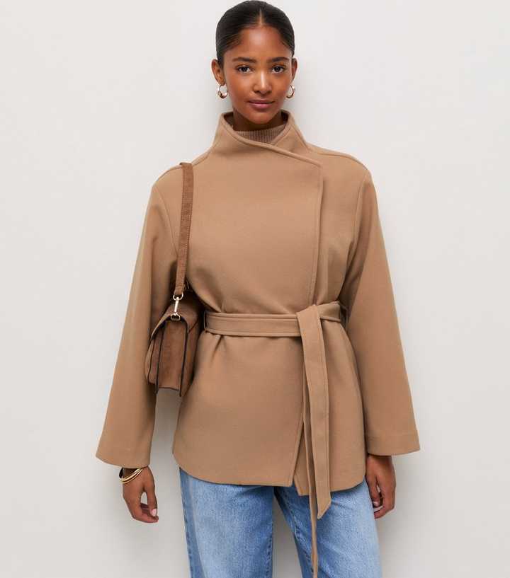 Camel High Neck Belted Jacket