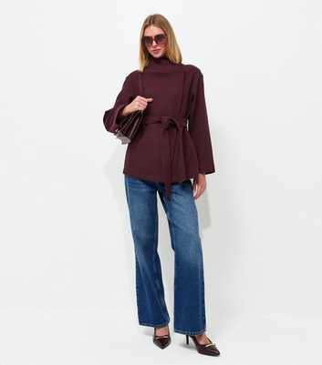 Dark Burgundy High Neck Belted Jacket