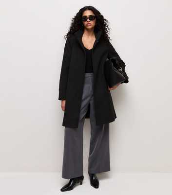 Black Woven Funnel Neck Button Coat