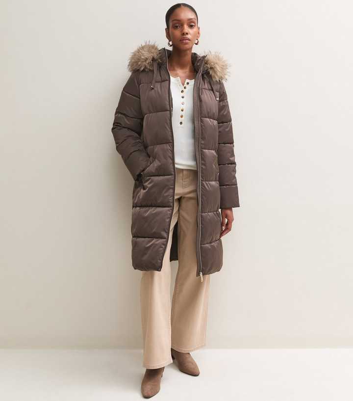 Dark Brown Faux Fur Trim Hooded Puffer Jacket