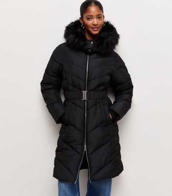 Black Longline Faux Fur Trimmed Hooded Coat