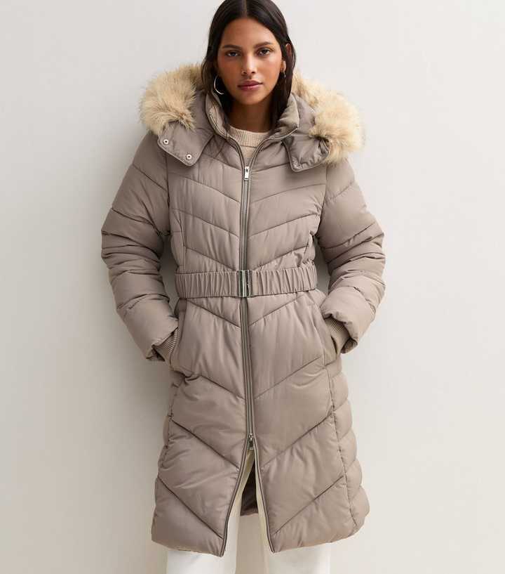 Stone Longline Faux Fur Trimmed Hooded Coat