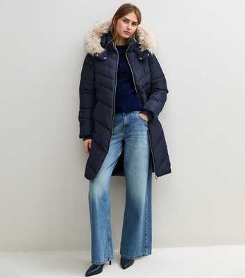 Navy Longline Faux Fur Trimmed Hooded Coat