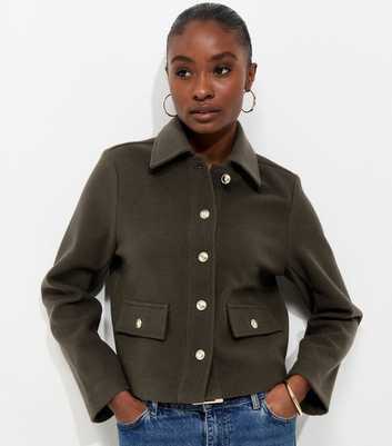Dark Khaki Button Front Collared Shacket