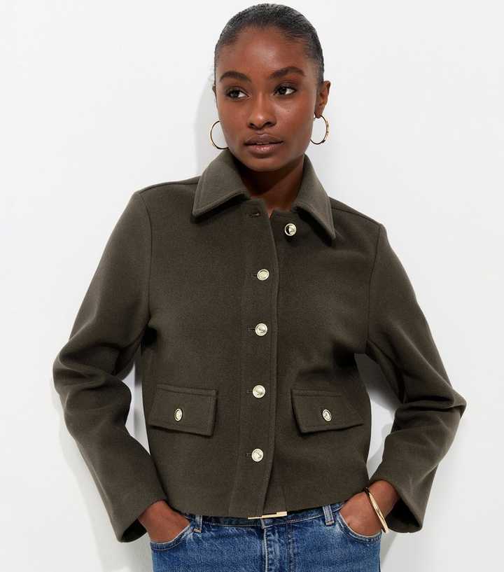 Dark Khaki Button Front Collared Shacket