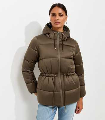 Dark Khaki Drawstring Waist Quilted Puffer Jacket