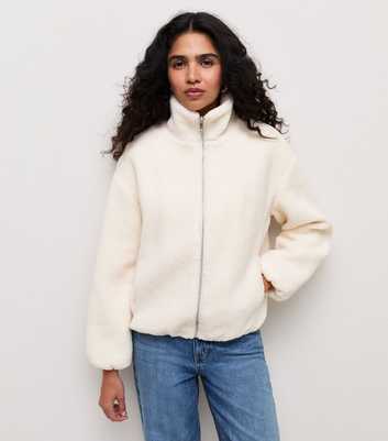 Cream Borg Texture Zip Front Jacket