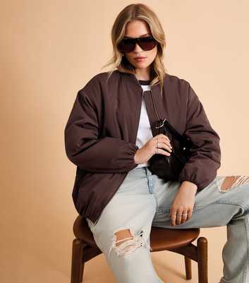 Dark Brown Longline Padded Bomber Jacket