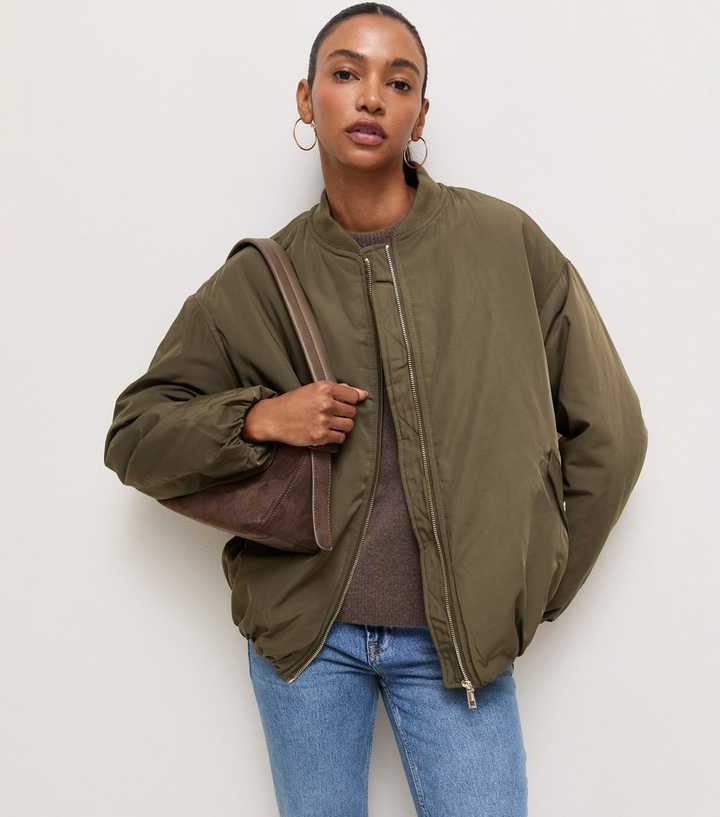 Dark Khaki Longline Padded Bomber Jacket