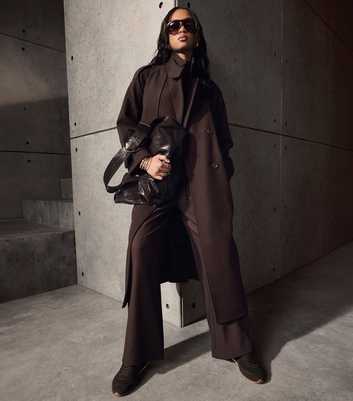 Dark Brown Belted Double Breasted Funnel Neck Coat