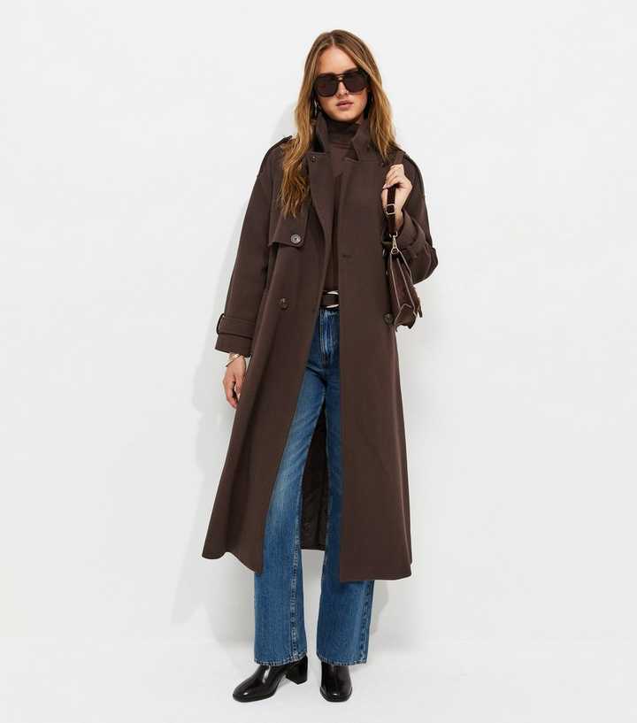 Dark Brown Belted Double Breasted Funnel Neck Coat