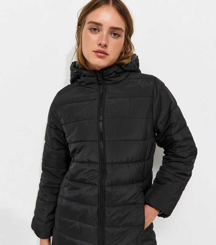 Black Hooded Midi Puffer Jacket