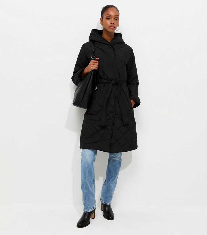 Black Hooded Longline Belted Quilted Coat