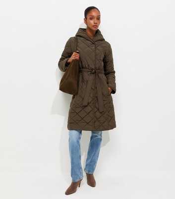 Dark Khaki Hooded Belted Quilted Jacket
