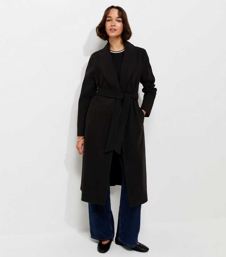 Black Shawl Collar Belted Wrap Coat