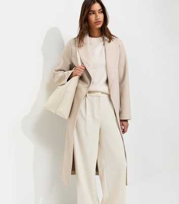 Oatmeal Shawl Collar Belted Wrap Coat