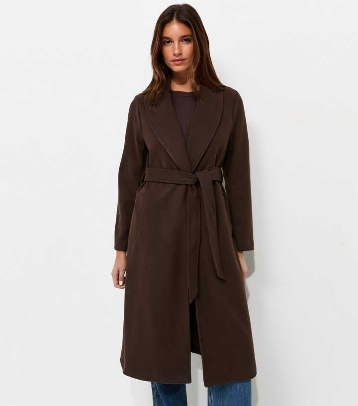 Dark Brown Shawl Collar Belted Wrap Coat