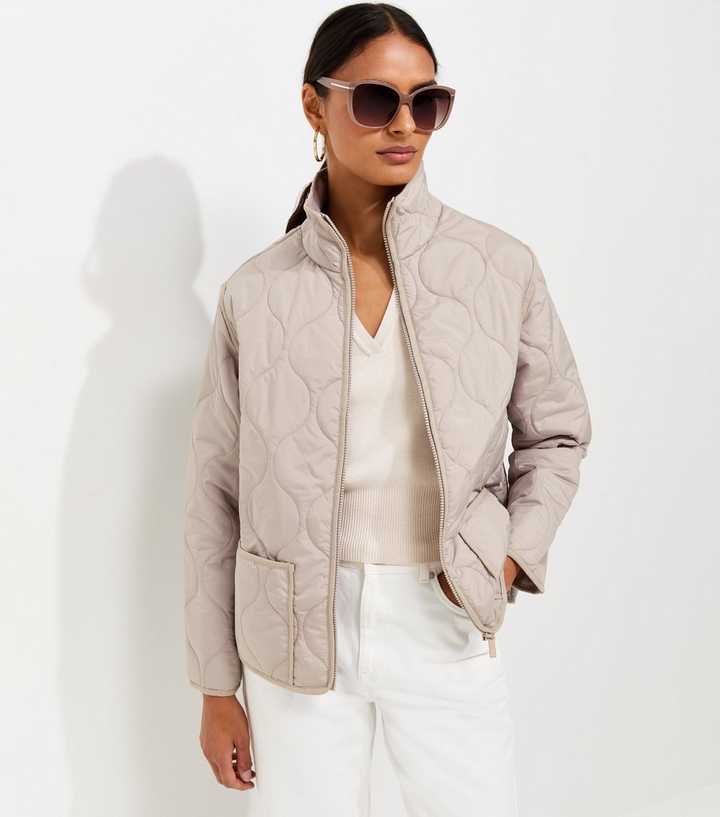Cream Quilted High Neck Jacket