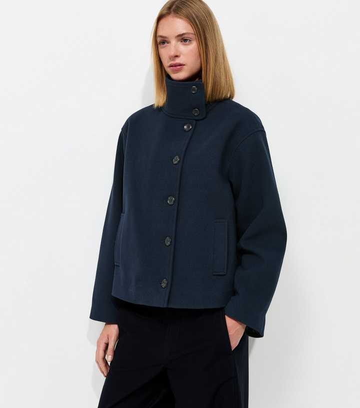 Navy Woven Funnel Neck Jacket