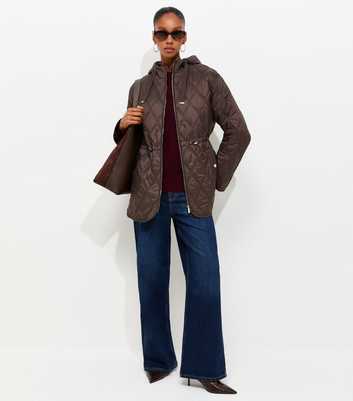 Dark Brown Quilted Cinched Waist Hooded Jacket