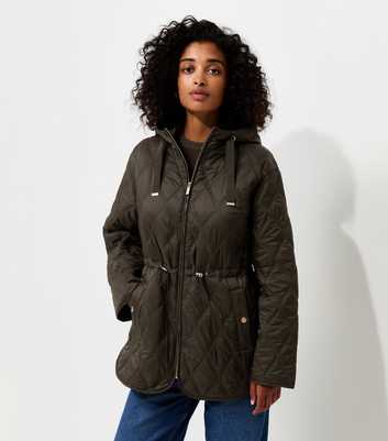 Dark Khaki Quilted Cinched Waist Hooded Jacket