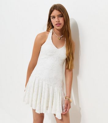Girls White Jersey Jacquard Halter Neck Mini Dress