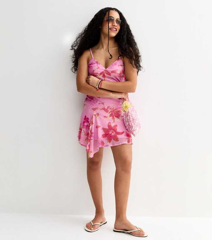 Girls Pink Stud Embellished Tropical Floral Print Mini Dress