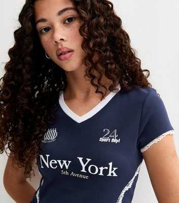 Girls Navy New York 24 Lace Fitted Football Top