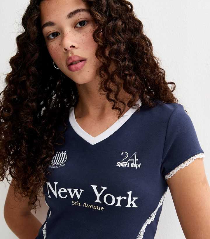 Girls Navy New York 24 Lace Fitted Football Top