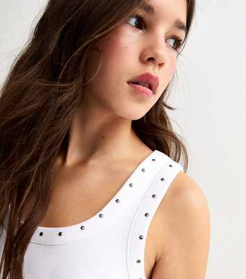 Girls White Stud Trim Scoop Neck Vest Top