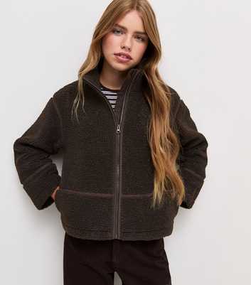 Girls Dark Brown Oversized Borg Texture Jacket