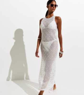 White Three Dimensional Open Knit Sequin Beach Maxi Dress