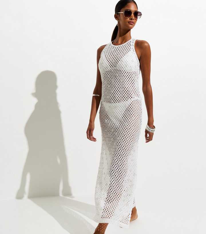 White Three Dimensional Open Knit Sequin Beach Maxi Dress