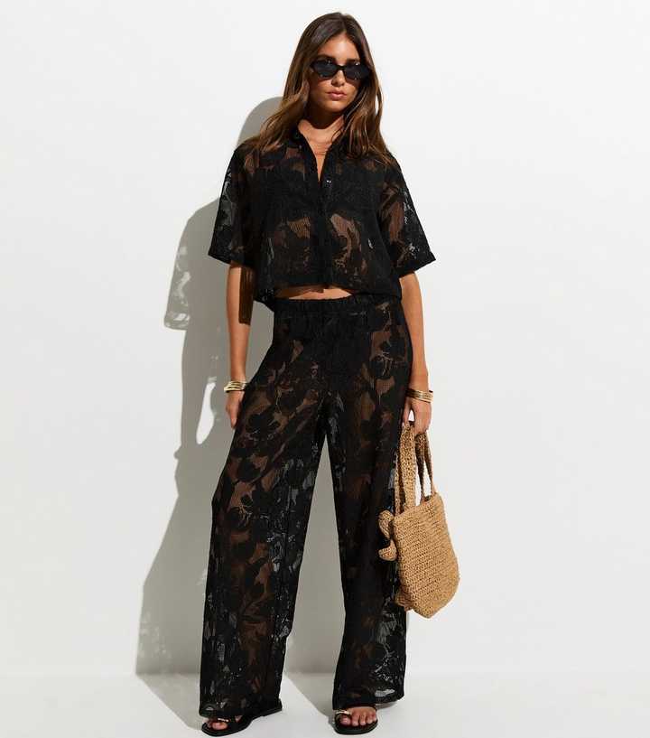 Premium Black Embroidered Netted Floral Lace Beach Wide Leg Trousers