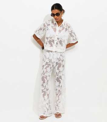 Premium White Embroidered Netted Floral Lace Beach Wide Leg Trousers