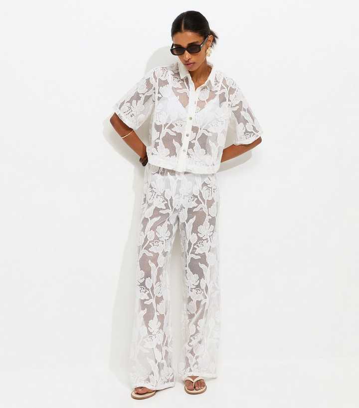 Premium White Embroidered Netted Floral Lace Beach Wide Leg Trousers