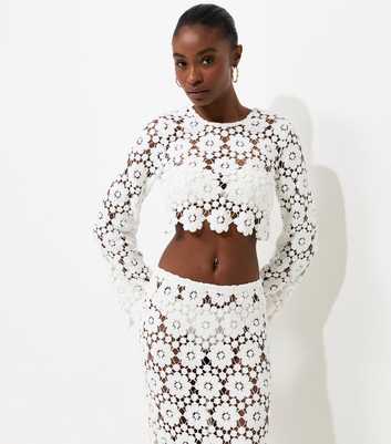 Premium White Cotton Floral Crochet Look Long Sleeve Beach Top