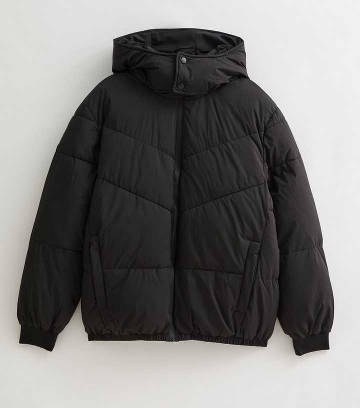 Black Hooded Funnel Neck Puffer Jacket